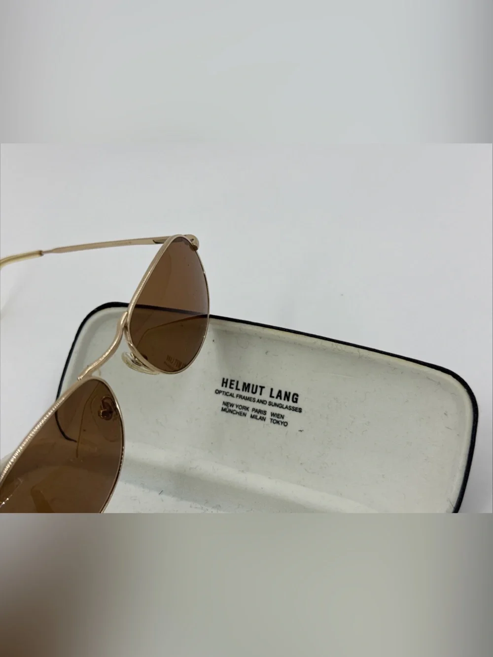 Vintage 1990s Helmut Lang Original Sunglasses Gold Tone Frame Brown Lens w/ Case
